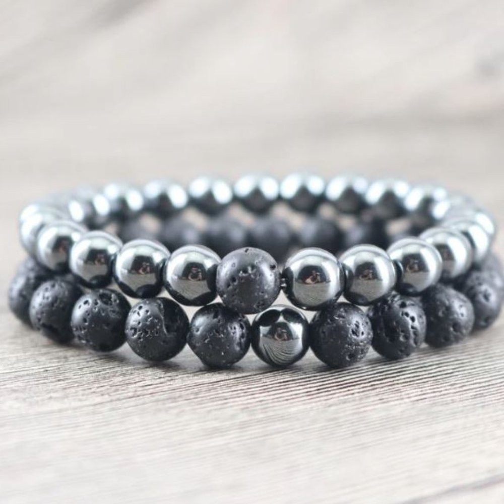 8mm Hematite Black Lava Rock Stackable Protection Beaded Stretch Bracelet